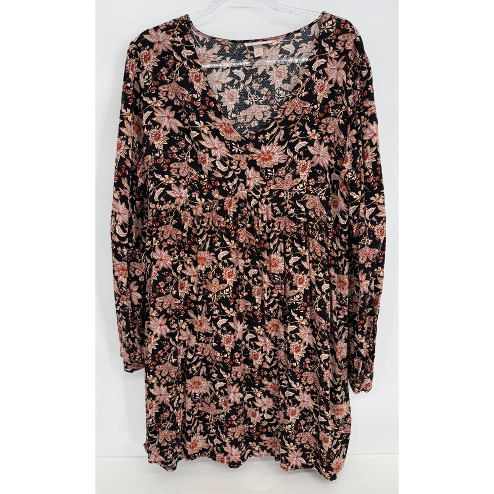 Knox Rose Womens Floral Rayon Long Sleeve Babydoll Tunic Dress Black Rust Sz XL
